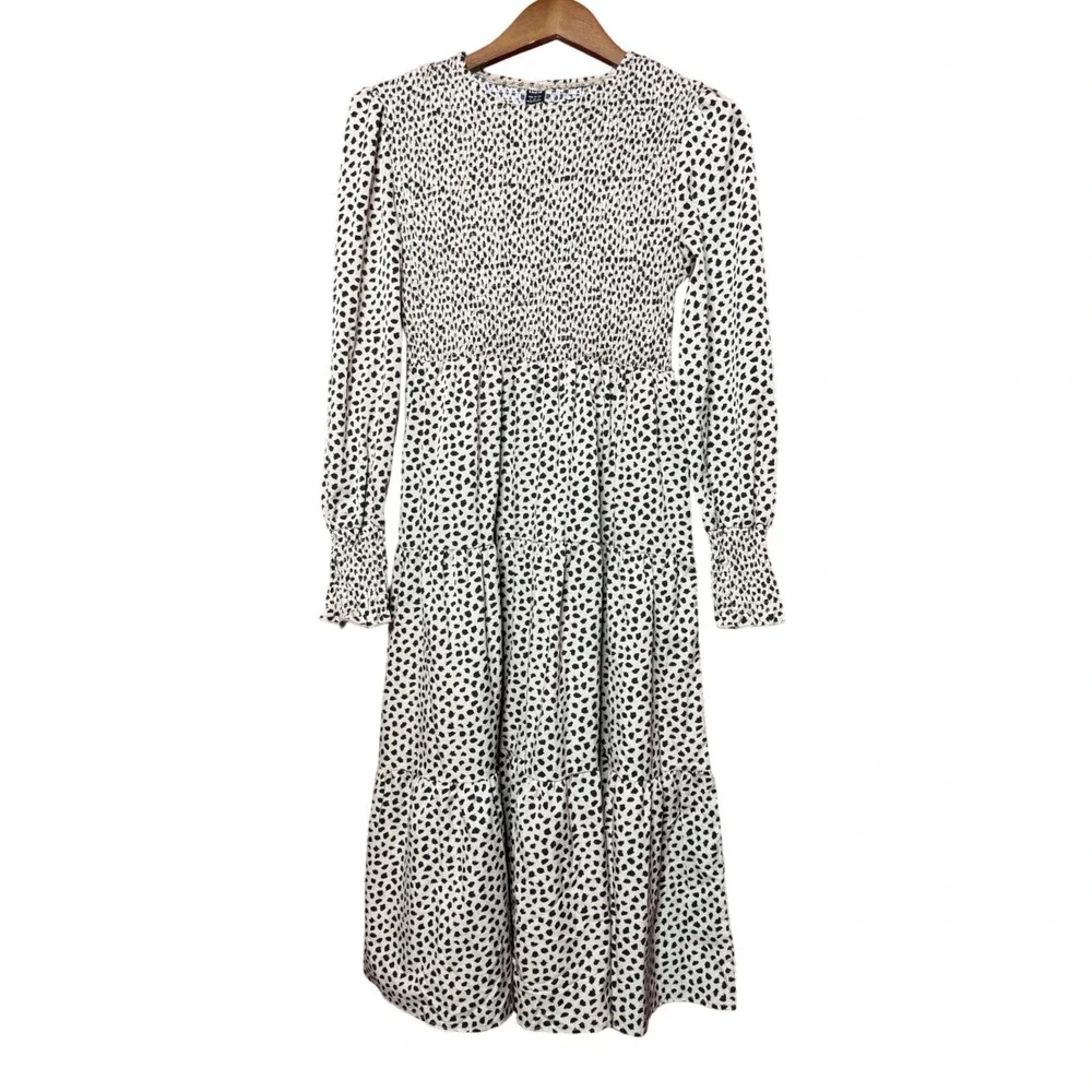 SHEIN Midi Dress Women Small Tan Black Spotted Excellent Smocked Tiered Boho